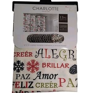 New Shower Curtain & Hook Set Spanish Holiday Words Amor Feliz Alegria 70"x72"